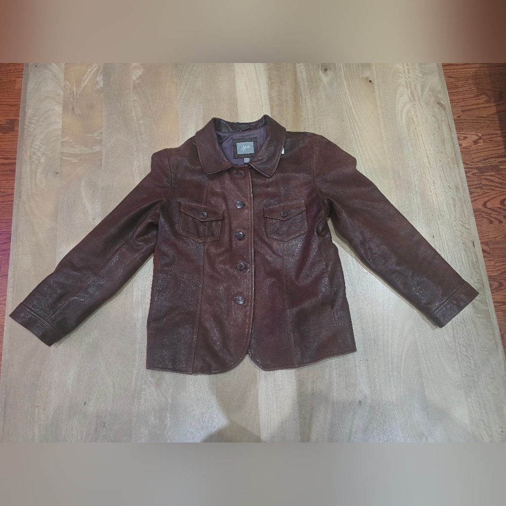 J. Jill Genuine Leather Button-Down Jacket - Dark Brown - Petite Small (PS)